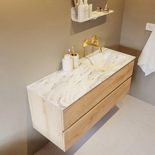 Mondiaz VICA-DLUX Ensemble de meuble de salle de bain - 120cm - meuble sous-vasque chêne blanchi - 2 tiroirs - lavabo encastré cloud droite - sans trous de robinet - version haute de 60cm - glace