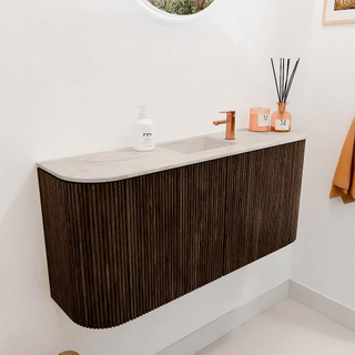 Mondiaz JOYA-DLUX 93.2cm toiletmeubel - ronding links en rechts kleur Walnut - Wastafel FAYE positie Midden 1 kraangat kleur Ostra.