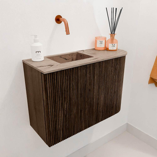 Mondiaz JOYA-DLUX 61.6cm toiletmeubel - ronding rechts kleur Walnut - Wastafel FAYE positie Links Zonder kraangat kleur Arena.