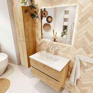 MONDIAZ VICA meuble sous lavabo 80cm Chêne Blanchi 2 tiroirs. Lavabo DENIA centre 1 trou de robinet, couleur Blanc Brillant.