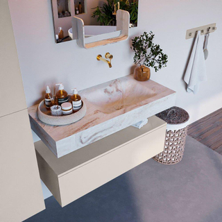 Mondiaz ALAN-DLUX Ensemble de meuble - 100cm - meuble Linen mat - 1 tiroir - Lavabo Cloud Frappe suspendu - vasque Droite - 0 trous de robinet