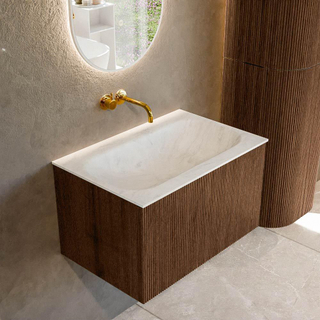 MONDIAZ KURVE-DLUX 70cm Meuble salle de bain - couleur Walnut - 1 tiroir - vasque BIG SMALL centre - sans trou de robinet - couleur Opalo