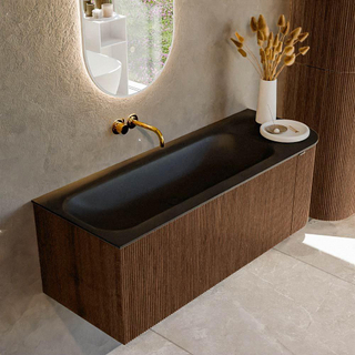 MONDIAZ KURVE 125cm Meuble salle de bain avec module 25 D - couleur Walnut - 1 tiroir - 1 porte - vasque BIG MEDIUM gauche - sans trous de robinet - Urban