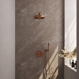 BRAUER Stripe Douche de tête thermostatique encastrée - 3 voies - ronde - SET 37 - pomme de douche 25cm - bras mural droit - douchette à main barre - flexible de douche - coude de raccord mural - cuivre brossé PVD