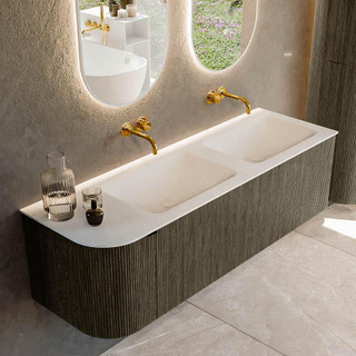 Mondiaz KURVE Ensemble de meuble salle de bain - 145x46x40cm - 1 tiroir - 1 porte - lavabo en solid surface - double / droite - sans trou de robinet - Shadow