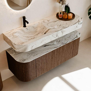 MONDIAZ THOR-DLUX 130cm badmeubel ronding links + rechts kleur Walnut met 1 lade en 2 deuren. Vrijhangende wastafel CLOUD Links 1 kraangat kleur Glace.