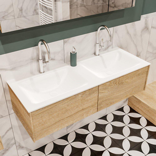 MONDIAZ LUSH Ensemble de meuble salle de bain - 120cm - 2 tiroirs - lavabo cloud - 2 lavabos - 2 trous de robinet - chêne blanchi