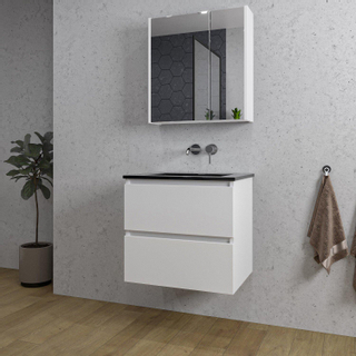 Adema Chaci Ensemble de meuble - 60x46x57cm - 1 vasque en céramique noire - sans trous de robinet - 2 tiroirs - armoire de toilette - blanc mat