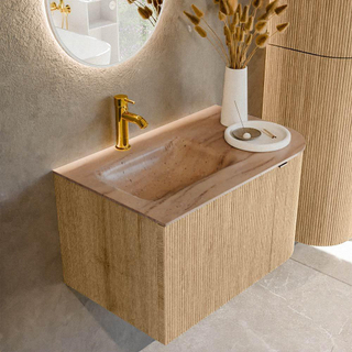 MONDIAZ KURVE-DLUX 75cm badmeubel ronding Rechts kleur Oak met 1 lade en 1 deur. Wastafel GRUNNE Links 1 kraangat Saba.