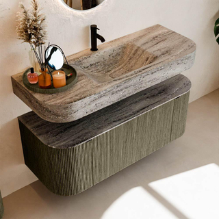 MONDIAZ THOR-DLUX Meuble de salle de bains 120cm arrondi gauche + droite couleur Shadow avec 1 tiroir et 2 portes. Vasque suspendue CLOUD Milieu 1 trou de robinet couleur Oza.