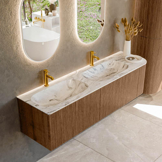 MONDIAZ KURVE-DLUX 165cm Meuble salle de bain avec module 25 D - couleur Walnut - 2 tiroirs - 1 porte - vasque STOR SMALL double / gauche - 2 trous de robinet - couleur Glace