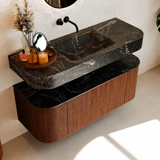 MONDIAZ THOR-DLUX 120cm meuble de salle de bains arrondi gauche + droite couleur Ruby avec 1 tiroir et 2 portes. Vasque suspendue CLOUD Milieu sans trou de robinet couleur Lava.