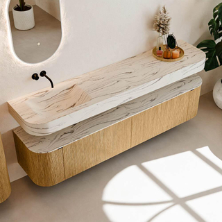 MONDIAZ THOR-DLUX 200cm meuble de salle de bains arrondi gauche + droite couleur Chêne avec 2 tiroirs et 2 portes. Vasque suspendue CLOUD Gauche sans trou de robinet couleur Nata.