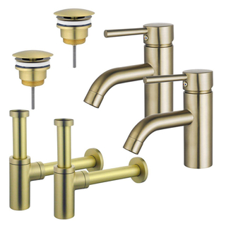 FortiFura Calvi Kit robinet lavabo - pour double vasque - robinet bas - bonde non-obturable - siphon design - Laiton brossé PVD