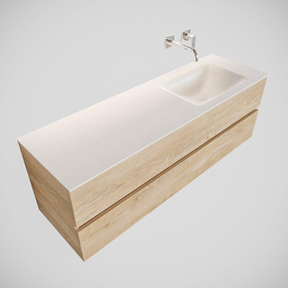 ENSEMBLE DE MEUBLE MONDIAZ VICA - 150 cm - 2 tiroirs - lavabo Cloud à droite - 0 trous de robinet - solid surface chêne blanchi