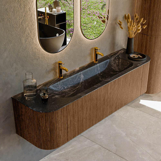 MONDIAZ KURVE-DLUX 170cm Meuble salle de bain avec module 25 G et D - couleur Walnut - 1 tiroir - 2 portes - vasque BIG LARGE centre - 2 trous de robinet - couleur Lava