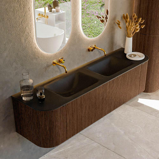 MONDIAZ KURVE 170cm Meuble salle de bain avec module 25 G et D - couleur Walnut - 1 tiroir - 2 portes - vasque CLOUD double - sans trous de robinet - Urban