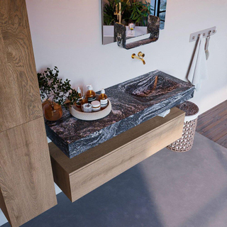 Mondiaz ALAN-DLUX Ensemble de meuble - 130cm - meuble Washed Oak mat - 1 tiroir - Lavabo Cloud Lava suspendu - vasque Droite - 0 trous de robinet