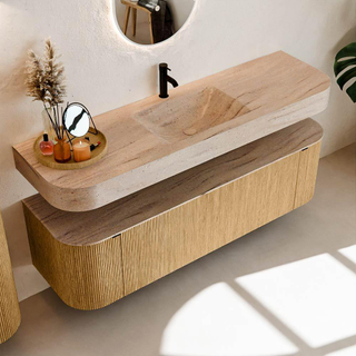 MONDIAZ THOR-DLUX 160cm badmeubel ronding links + rechts kleur Oak met 1 lade en 2 deuren. Vrijhangende wastafel CLOUD Midden 1 kraangat kleur Saba.