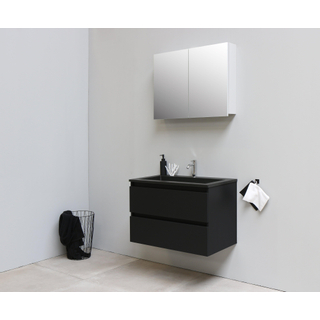 Basic Bella Meuble salle de bains avec lavabo acrylique Noir avec armoire toilette 2 portes gris 80x55x46cm 1 trou de robinet Noir mat