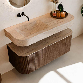 MONDIAZ THOR-DLUX 120cm meuble de salle de bains arrondi gauche + droite couleur Walnut avec 1 tiroir et 2 portes. Vasque suspendue CLOUD Gauche sans trou de robinet couleur Saba.