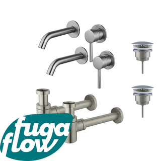 FortiFura Calvi Kit robinet lavabo - pour double vasque - robinet rehaussé - bonde non-obturable - siphon design bas - Inox brossé PVD