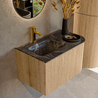 MONDIAZ KURVE-DLUX 75cm Meuble salle de bain avec module 25 D - couleur Oak - 1 tiroir - 1 porte - vasque GRUNNE gauche - 1 trou de robinet - couleur Lava