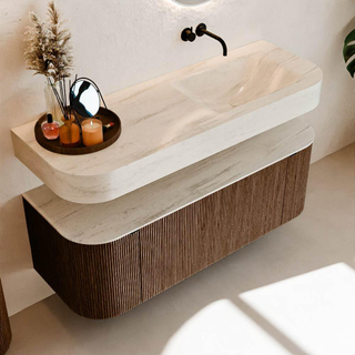 MONDIAZ THOR-DLUX Meuble de salle de bains 130cm arrondi gauche + droite couleur Walnut avec 1 tiroir et 2 portes. Vasque suspendue CLOUD Droite sans trou de robinet couleur Meli.