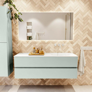 Mondiaz VICA ensemble de meuble de salle de bain - 140cm - meuble sous-vasque greey - 2 tiroirs - lavabo moon droite - sans trous de robinet - couleur talc - miroir LED - version XL 60cm haut