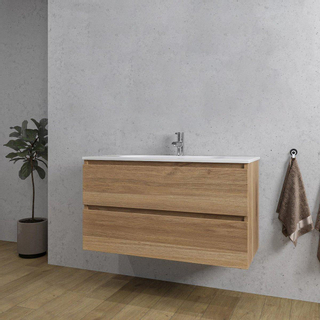 Adema Chaci Ensemble de meuble de salle de bains - 100x46x57cm - 2 tiroirs - 1 vasque ovale en céramique blanche - 1 trou de robinet - cannelle