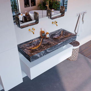 Mondiaz ALAN-DLUX Ensemble de meuble - 120cm - meuble Talc mat - 1 tiroir - Lavabo Cloud Lava suspendu - vasque Gauche et droite - 0 trous de robinet