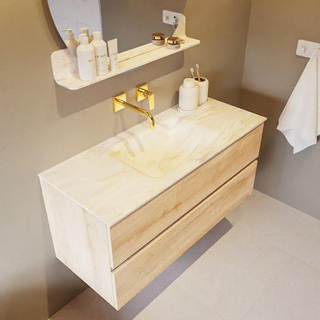 Mondiaz VICA-DLUX Ensemble de meuble de salle de bain - 110cm - meuble sous-vasque chêne blanchi - 2 tiroirs - lavabo encastré cloud milieu - sans trous de robinet - version haute de 60cm - ostra