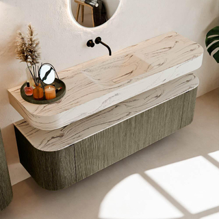 MONDIAZ THOR-DLUX 160cm meuble de salle de bains arrondi gauche + droite couleur Shadow avec 1 tiroir et 2 portes. Vasque suspendue CLOUD Milieu sans trou de robinet couleur Nata.