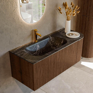 MONDIAZ KURVE-DLUX 115cm badmeubel met module 25 R kleur Walnut met 1 lade en 1 deur. Wastafel BIG SMALL links 1 kraangat kleur Lava.