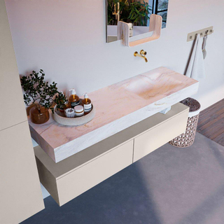 Mondiaz ALAN-DLUX Ensemble de meuble - 150cm - meuble Linen mat - 2 tiroirs - Lavabo Cloud Ostra suspendu - vasque Droite - 0 trous de robinet