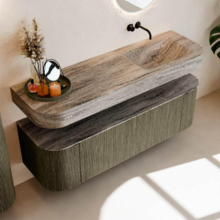 MONDIAZ THOR-DLUX 150cm meuble de salle de bains arrondi gauche + droite couleur Shadow avec 1 tiroir et 2 portes. Vasque suspendue CLOUD Droite sans trou de robinet couleur Oza.