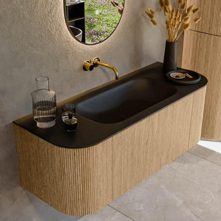 MONDIAZ KURVE 120cm Meuble salle de bain avec module 25 G et D - couleur Oak - 1 tiroir - 2 portes - vasque BIG SMALL centre - sans trous de robinet - Urban