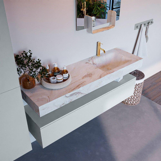 Mondiaz ALAN-DLUX Ensemble de meuble - 150cm - meuble Clay mat - 1 tiroir - Lavabo Cloud Frappe suspendu - vasque Droite - 1 trou de robinet