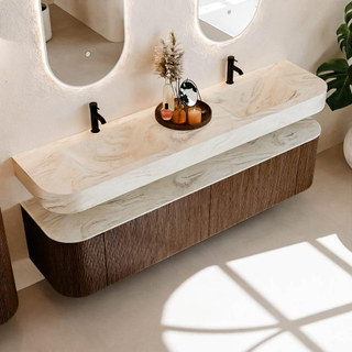 MONDIAZ THOR-DLUX Meuble de salle de bains - 190cm - arrondi gauche + droite - couleur Walnut - 2 tiroirs et 2 portes - Vasque suspendue CLOUD Double 2 trous de robinet - couleur Ostra