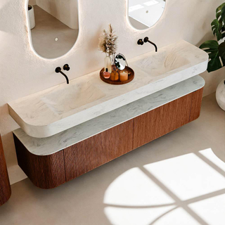 MONDIAZ THOR-DLUX 200cm meuble de salle de bains arrondi gauche + droite couleur Ruby avec 2 tiroirs et 2 portes. Vasque suspendue CLOUD Double sans trou de robinet couleur Opalo.