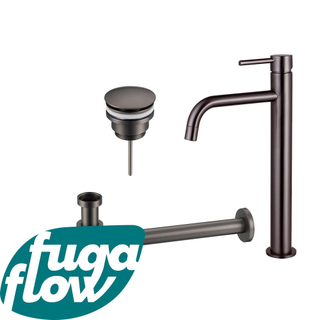 FugaFlow Eccelente Sobrado Badkamer Slim Wastafelkraanset - verhoogde wastafelkraan - klikwaste plug - verlaagde design sifon - PVD Gepolijst Gunmetal