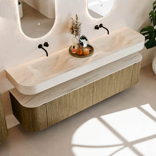 MONDIAZ THOR-DLUX Meuble de salle de bains 190cm arrondi gauche + droite couleur Dusk avec 2 tiroirs et 2 portes. Vasque suspendue CLOUD Double sans trou de robinet couleur Meli.