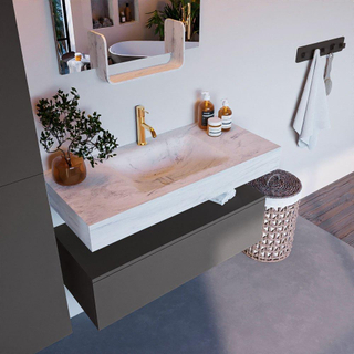 Mondiaz ALAN-DLUX Ensemble de meuble - 100cm - meuble Dark grey mat - 1 tiroir - Lavabo Cloud Opalo suspendu - vasque Centre - 1 trou de robinet