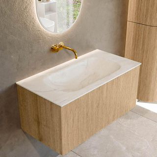 MONDIAZ KURVE-DLUX 90cm Meuble salle de bain - couleur Oak - 1 tiroir - vasque BIG SMALL centre - sans trou de robinet - couleur Ostra