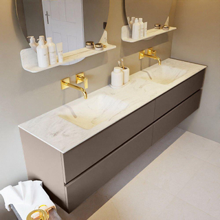 Mondiaz VICA-DLUX ensemble de meuble de salle de bain - 200cm - meuble sous-vasque fumée - 4 tiroirs - lavabo encastré nuage double - sans trous de robinet - version haute de 60cm - opalo