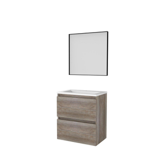 Basic-Line meuble de salle de bain 39 encadré ensemble 60x39cm sans poignée 2 tiroirs vasque acrylique 1 trou de robinetterie miroir cadre aluminium noir mat tout autour mfc chêne écossais