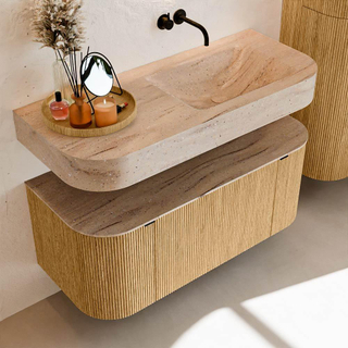 MONDIAZ THOR-DLUX 110cm badmeubel ronding links + rechts kleur Oak met 1 lade en 2 deuren. Vrijhangende wastafel CLOUD Rechts zonder kraangat kleur Saba.