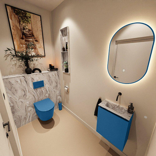 MONDIAZ TURE-DLUX Meuble toilette - 40cm - Jeans - EDEN - vasque Glace - position centrale - sans trou de robinet