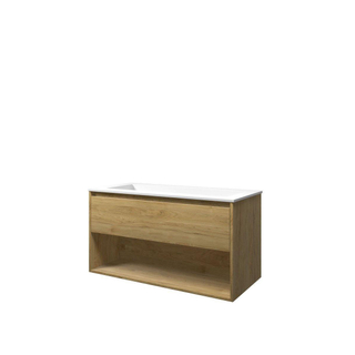 Proline elegant ensemble de meubles de salle de bains 100x46x54cm meuble avec étagère idéal en chêne sans trou de robinetterie polystone blanc mat