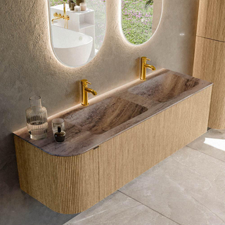 MONDIAZ KURVE-DLUX 145cm badmeubel ronding Links kleur Oak met 1 lade en 1 deur. Wastafel LEAF Dubbel / Rechts 2 kraangaten Oza.